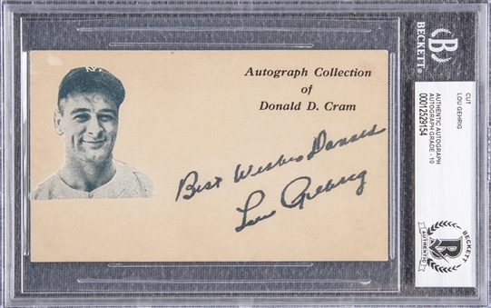 Lou Gehrig Signed and Inscribed 3x5 with Die Cut Headshot (Beckett GEM MT 10)